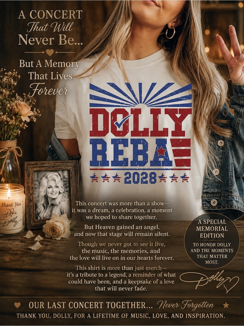 Dolly Reba 2028 Graphic Tee - White with Red & Blue Print